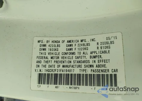 2015 Honda Accord z USA, uszkodzony, nr VIN 1HGCR2S31SA194817